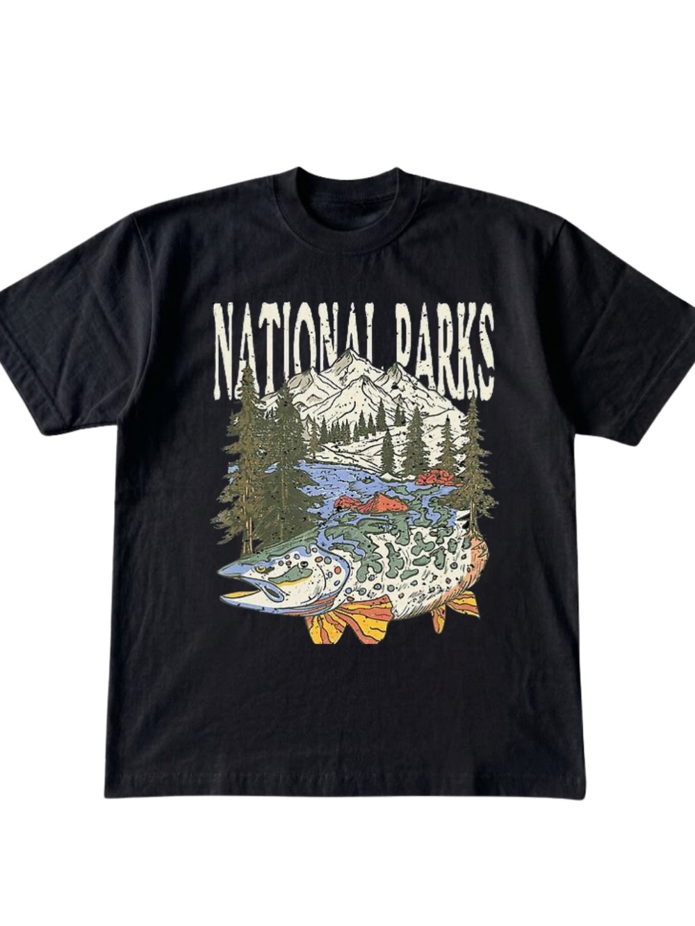 Gildan National Parks Black Graphic T-Shirt – Trout Illustration